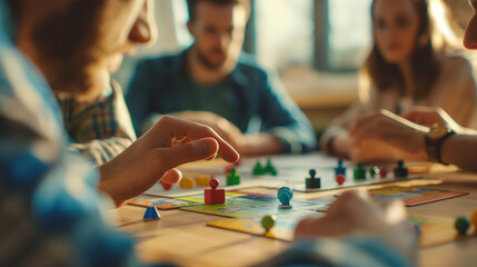A workshop leader using a game to teach financial strategies, with participants grouped around a table playing an educational board game. The game pieces are illuminated by natural - obrazy, fototapety, plakaty