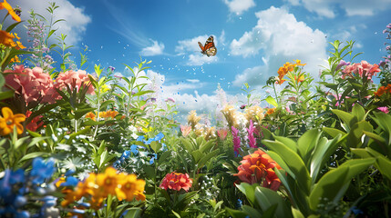 Fototapeta na wymiar A Mystic Symphony of Odorous Plants Interplaying with Vibrant Butterflies below a Clear Azure Sky