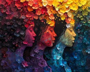 An abstract 3D art piece where human silhouettes are fused with flowers, each color gradient transitioning into different emoji expressions - Powered by Adobe