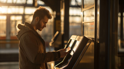 A young man at a train station kiosk, quickly tapping his card on a NFC reader to buy a transit ticket. The early morning light casts long shadows behind him, illustrating the spee