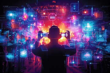 Someone immersed in a virtual environment with intricate graphics depicting futuristic technology concepts