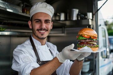 Young male chef holding fresh burger, food truck owner