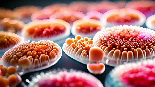 Colonies of bacteria or fungi in a petri dish close-up