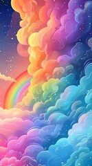 Minimalist design of a thin pastel rainbow curving over a light cloud, creating a peaceful and uplifting background