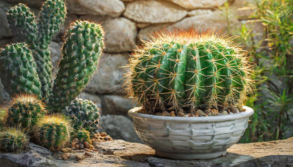 Green cactus in white ceramic pot on stone background. House plant. White brick wall - Powered by Adobe