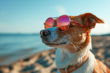Brown and White Dog Wearing Sunglasses on Beach