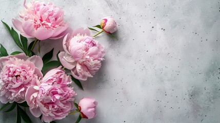 Beautiful peonies on pastel background top view