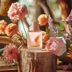 Pink liquid perfume sample on a wooden pedestal with peonies flowers