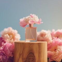 Pink liquid perfume sample on a wooden pedestal with peonies flowers