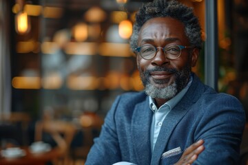A relaxed yet stylish man sits comfortably in a chair, exuding casual elegance and a cool demeanour in a blue blazer