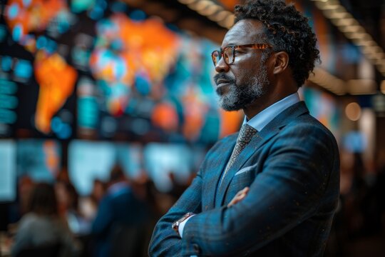 A confident African-American businessman stands with assurance amidst a dynamic backdrop of glowing stock market screens