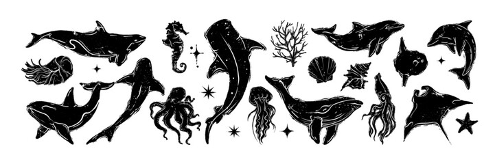 Fototapeta premium Ocean animal linocut vector set, whale grunge print, woodcut stamp, wild sea mammal silhouette. Summer marine retro collection, hand drawn underwater shark, coral, stingray. Ocean animal illustration