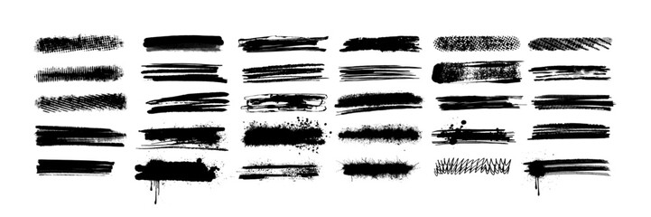 Grunge border ink splatter vector black stain set, brush stroke paint kit, graffiti texture splash. Abstract dirty blob, messy shape drawing collection isolated on white. Grunge border print element