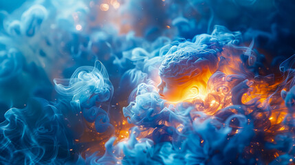 Abstract cube amidst vibrant blue flames - obrazy, fototapety, plakaty