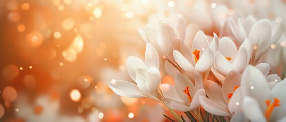 Abstract light tender floral white and orange crocus like glowing shimmering flowers background for women's day or wedding services flower shops advertising campaign