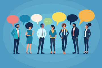 Diverse Team of Seven Experts Standing Out on Blue Background, Successful Communication and Collaboration Concept, Speech Bubbles with Ideas and Opinions, Sharing Knowledge and Insights, Business Vect