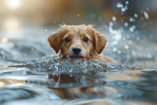 A joyful dog with ears flapping makes a splash and ripples as it enjoys the water, capturing a sense of fun and energy