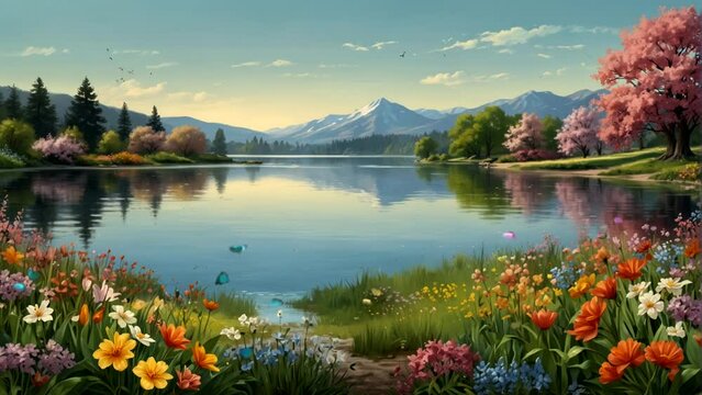 Beautiful spring landscape with lake, flowers blooming, butterflies dancing Seamless looping 4k time-lapse animation video background