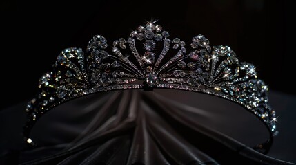 A close-up view of a black crown with a black stone centerpiece, positioned on a black  background to highlight its ornate design and luxurious appearance.