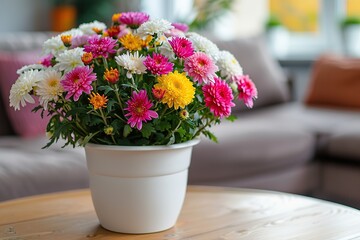 Bouquet of chrysanthemum flowers in flowerpot on table in living room