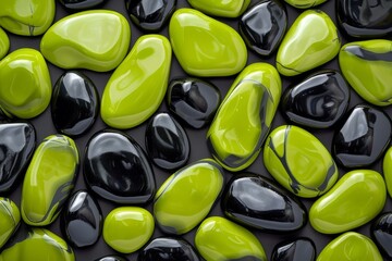 A pile of black and green rocks on a black background. 3d rendering. High quality