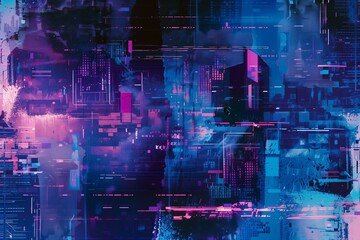 Digital glitch art background, capturing the aesthetic of tech disruptions and digital errors, cool blues and purples with sharp contrasts