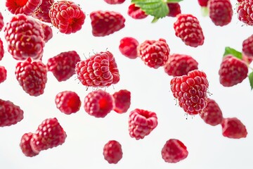 Ripe raspberries flying in the air on white background