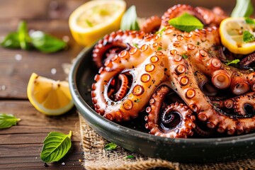 Grilled octopus leg in plate on wooden table - obrazy, fototapety, plakaty