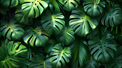 Philodendron 3D Image,
Background of intertwined leaves of lianas monstera and palm leaves decoration of spaces
 - obrazy, fototapety, plakaty