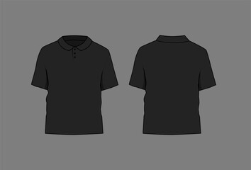 Basic black mal polo shirt mockup. Front and back view. Blank textile print template for fashion clothing.