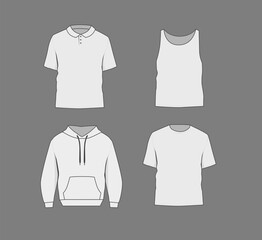Basic white and white male polo, t-shirt tank top and hoodie mockup. Blank textile print template for fashion clothing.