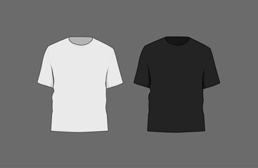 Basic black and white t-shirt mockup. Front and back view. Blank textile print template for fashion clothing.