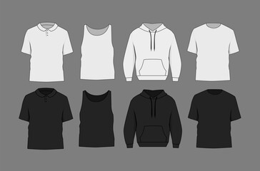 Basic black and white male polo, t-shirt tank top and hoodie mockup. Blank textile print template for fashion clothing.