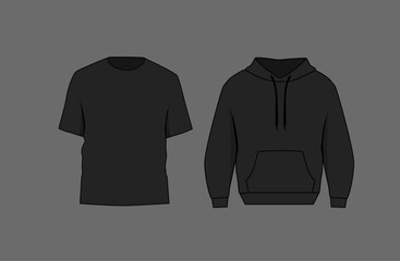Basic black t-shirt and hoodie mockup. Front and back view. Blank textile print template for fashion clothing.