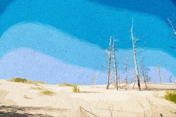 Ilustracja krajobraz wydmy i suche pnie drzew na tle błękitnego nieba. - 785654750