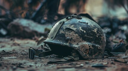 Modern military helmet laying abandoned on the ground