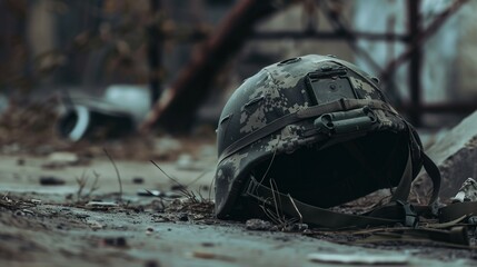 Modern military helmet laying abandoned on the ground - obrazy, fototapety, plakaty