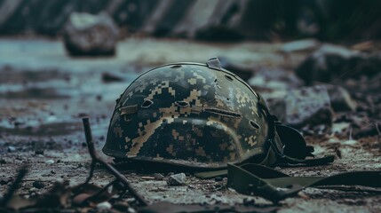 Fototapeta premium Modern military helmet laying abandoned on the ground