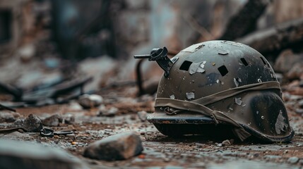 Modern military helmet laying abandoned on the ground