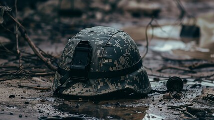 Modern military helmet laying abandoned on the ground