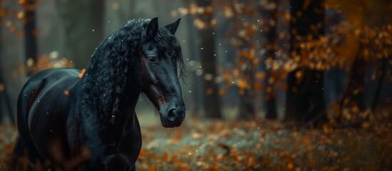 black horse in the autumn forest with autumn leaves falling on the ground. 
