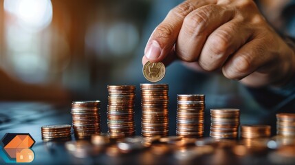 Person Inserting Coin Into Stack of Coins