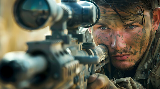 Focused Military Sniper in Camouflage Aiming Rifle Outdoors
