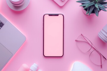 A modern phone is lying on the table, top view, in pink tones