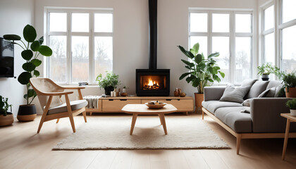 Contemporary Living Room with Elegant Fireplace and Plant Decor