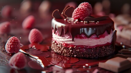 Chocolate cake with raspberries and chocolate pieces on a dark background
