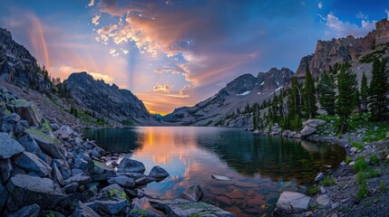 A breathtaking view of a tranquil lake mirroring the majestic mountains, with a dramatic cloudy sky adding depth and atmosphere to the scenic panorama. - Powered by Adobe