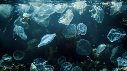Ocean scene where plastic bags resemble jellyfish, the pollution affecting marine ecosystems.