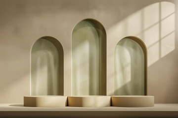 Three adjacent arched structures create a harmonious and minimalist display podium bathed in soft, natural sunlight. Light and shadow adds depth and texture to the scene - obrazy, fototapety, plakaty