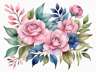 Watercolor blue and pink flowers and green leaves floral illustration for greeting card invitation...